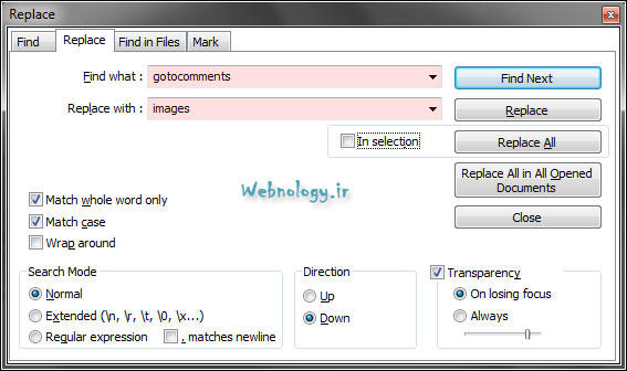 پنچره جستجو و جایگزین کردن در Notepad++